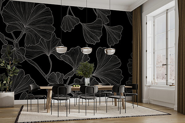 A black and white pattern of leaves