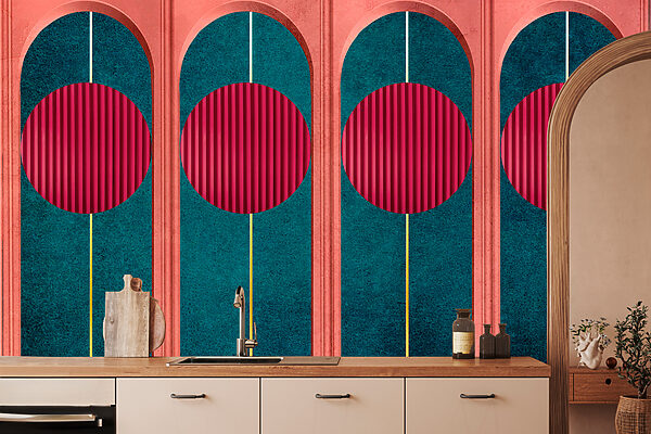 A wall with red circles and blue and green walls