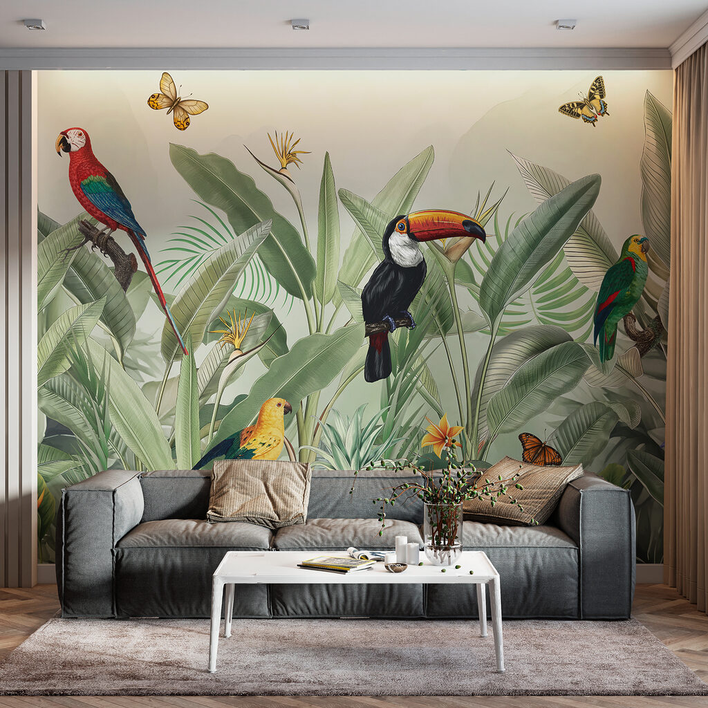 A wallpaper with birds and butterflies