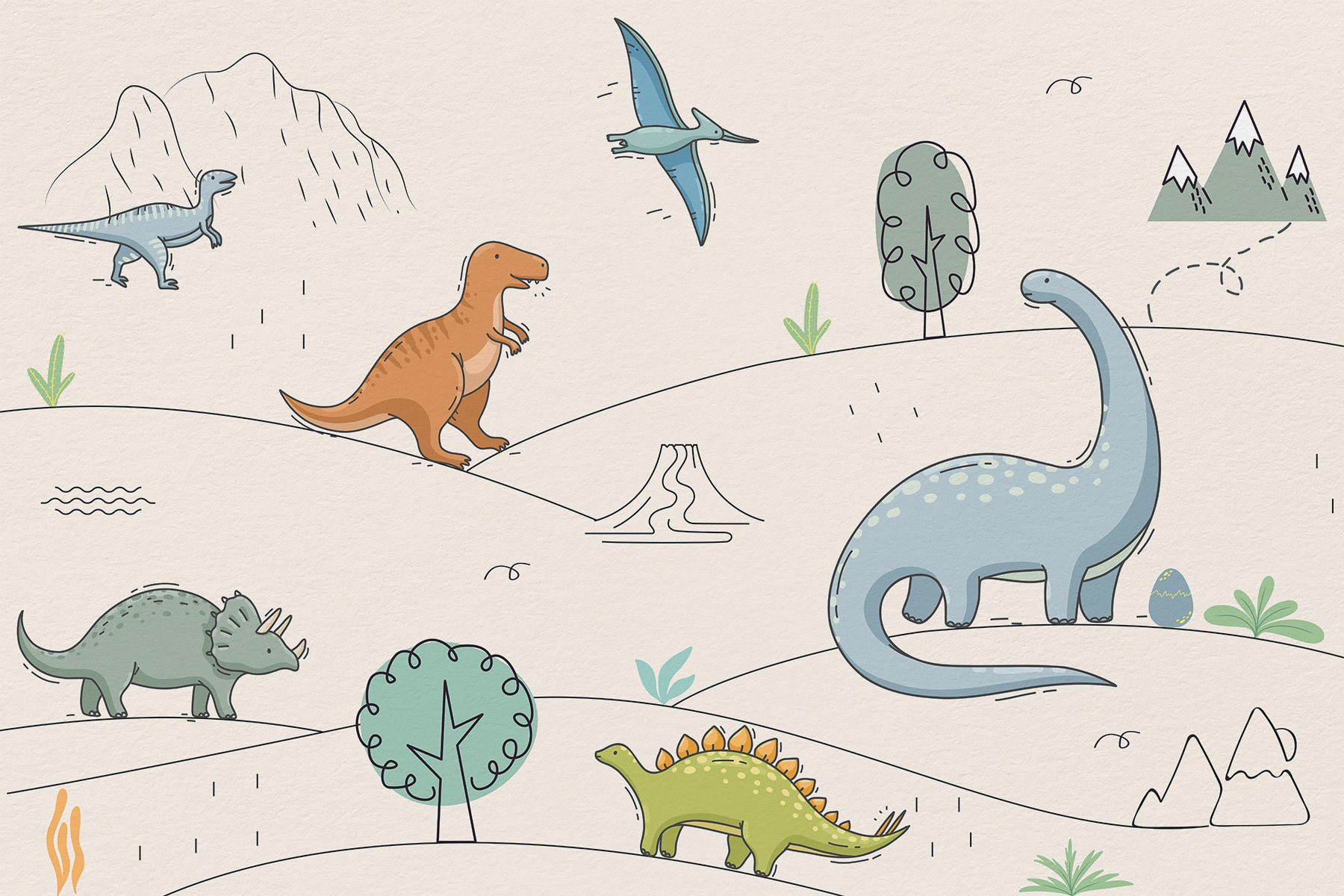 A drawing of dinosaurs and mountains