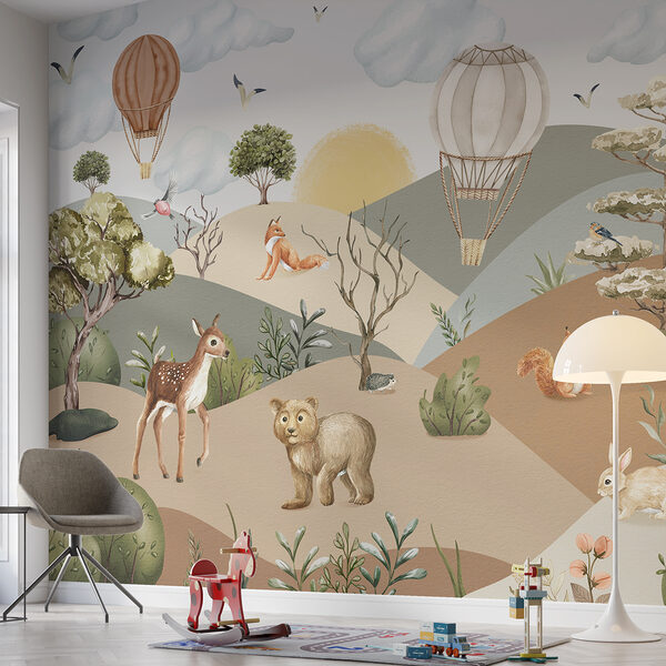 A landscape with animals and hot air balloons