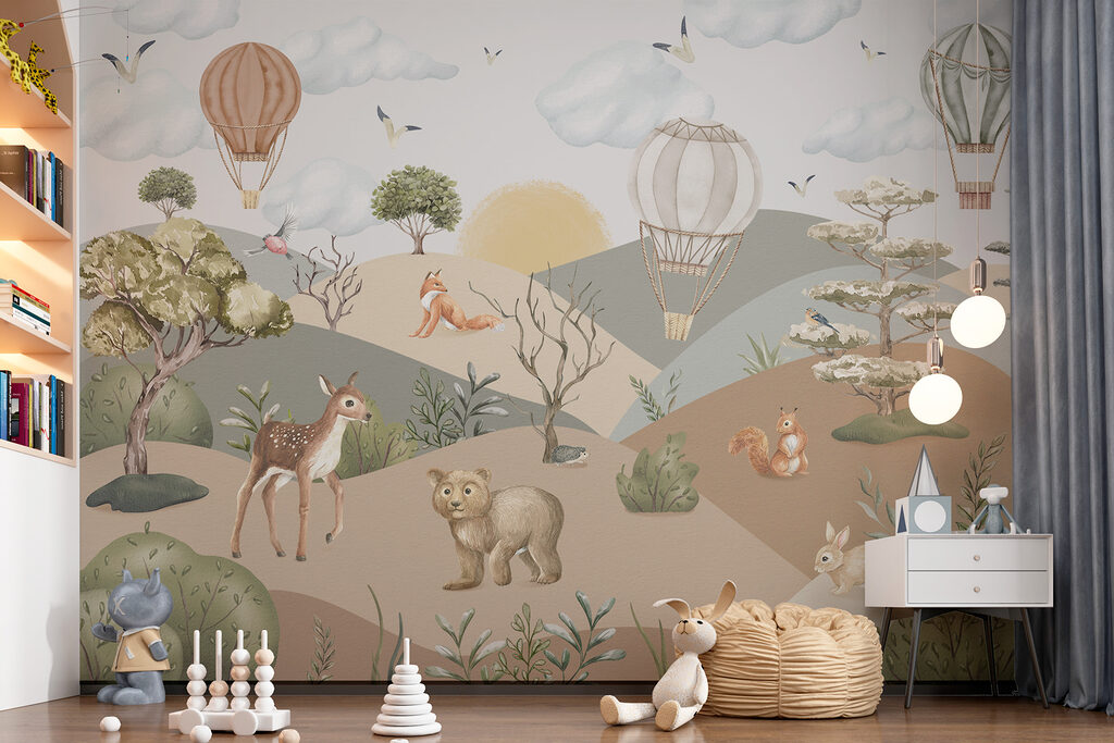 A landscape with animals and hot air balloons