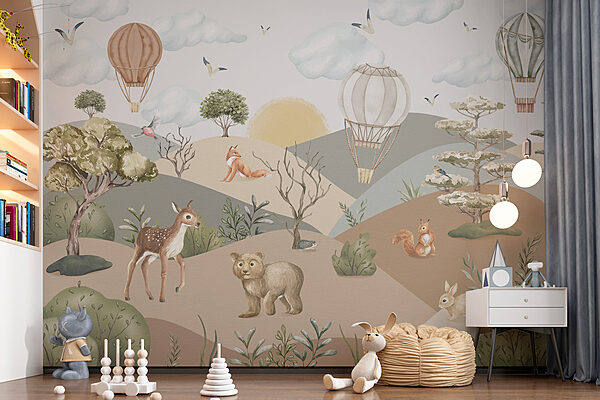 A landscape with animals and hot air balloons