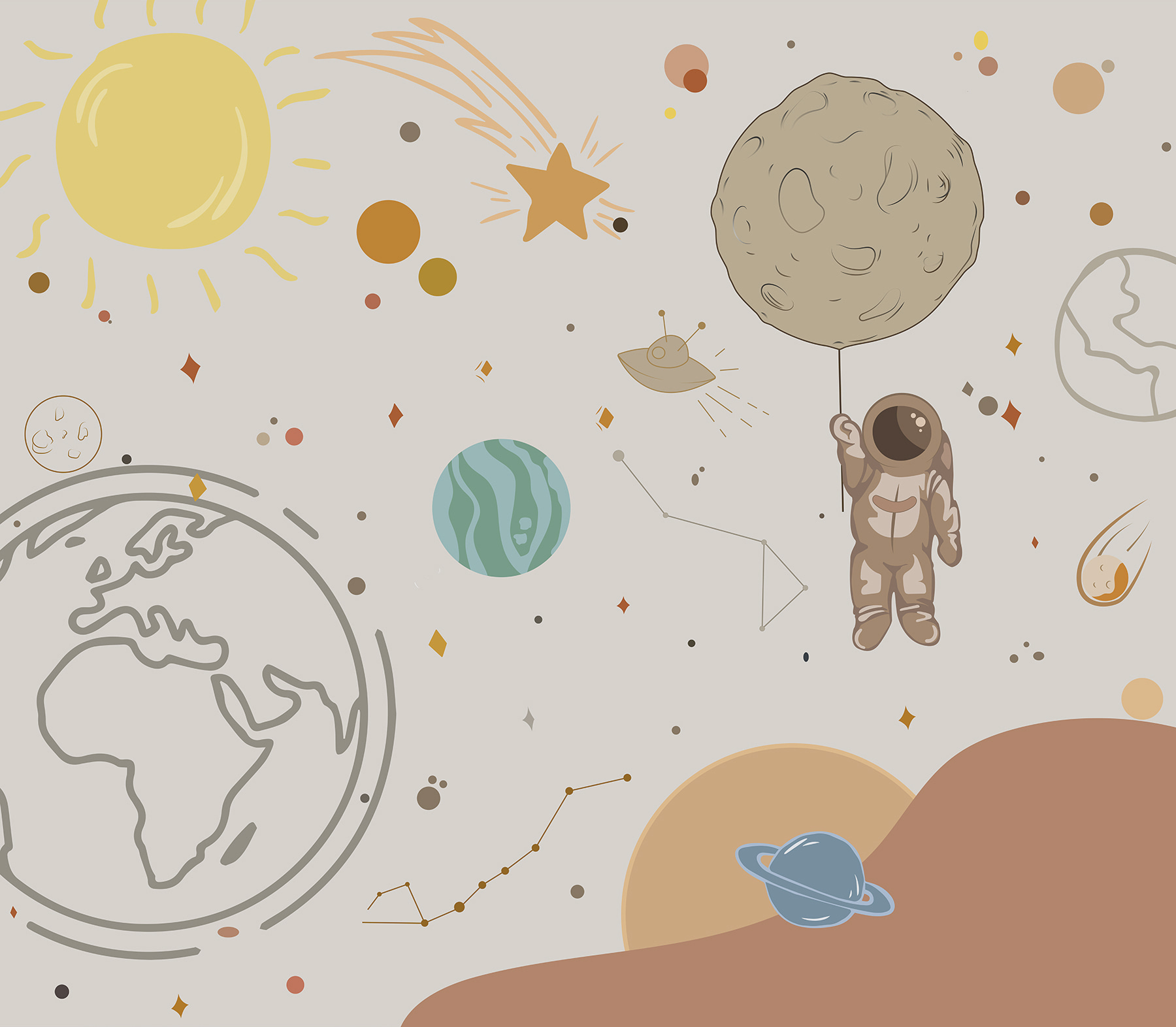 A cartoon of an astronaut holding a planet in space