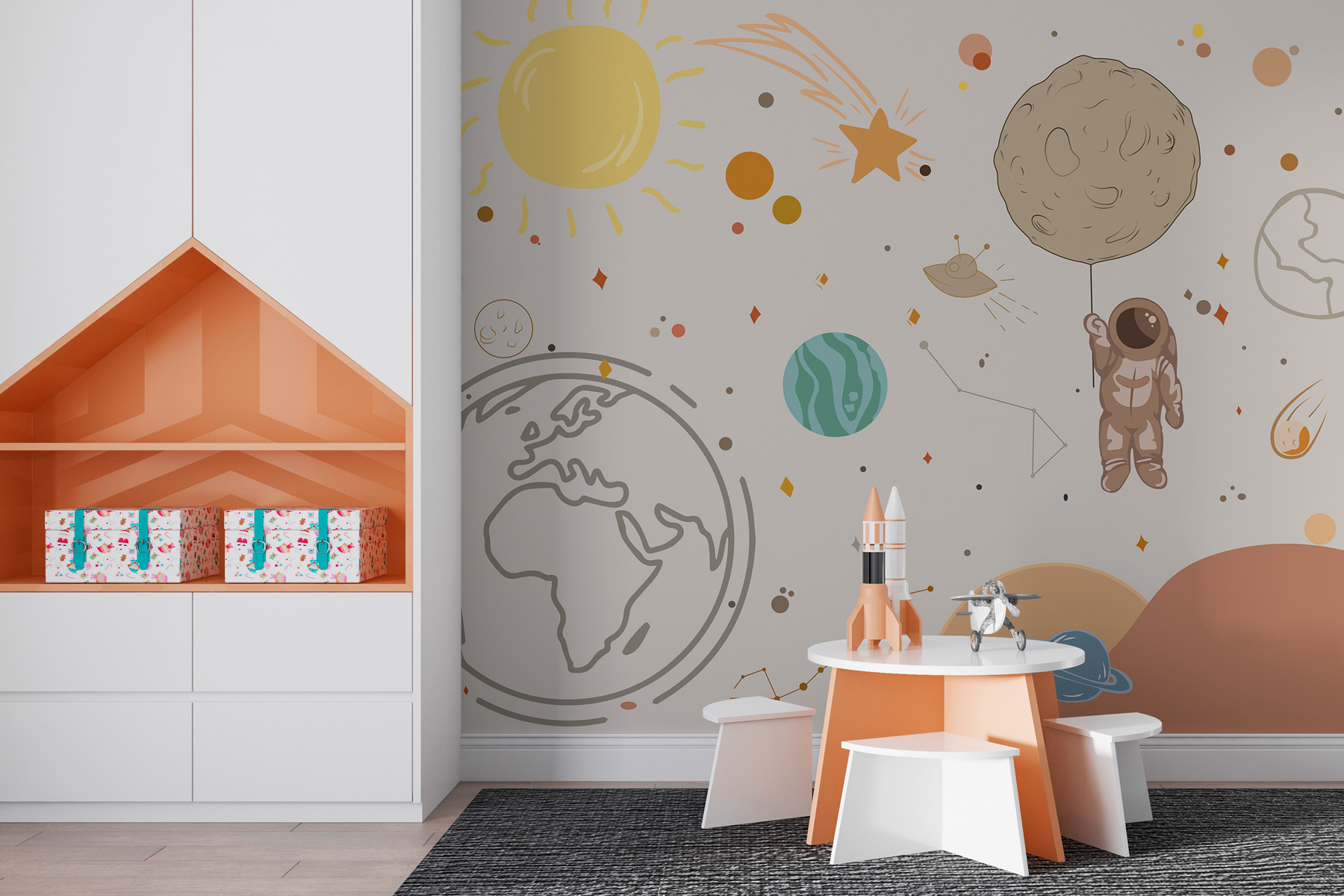 A cartoon of an astronaut holding a planet in space