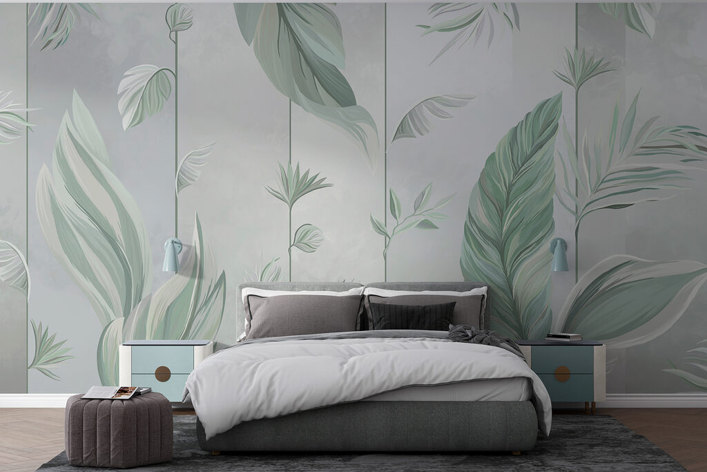 A wallpaper with leaves and flowers