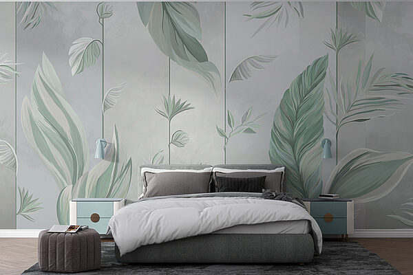 A wallpaper with leaves and flowers
