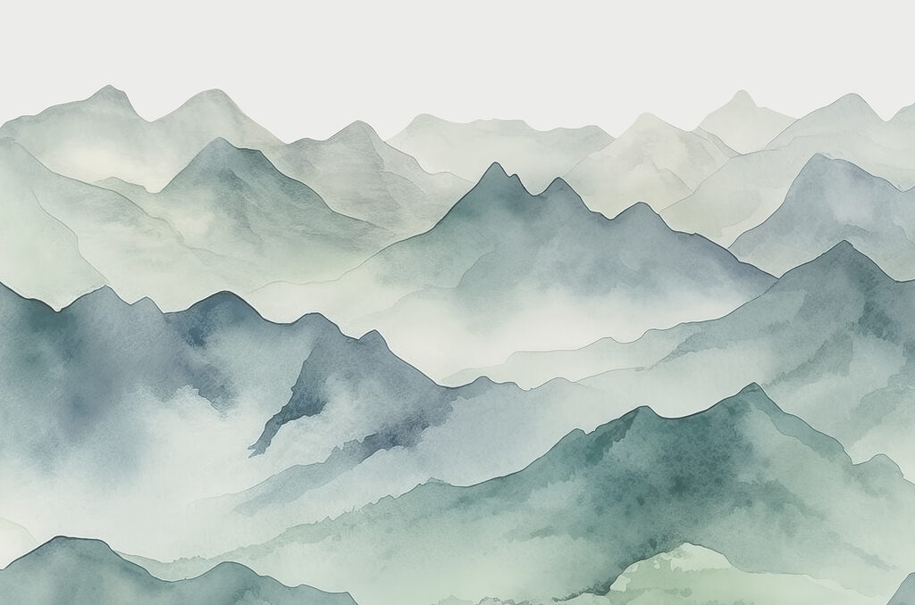 A watercolor of mountains and fog