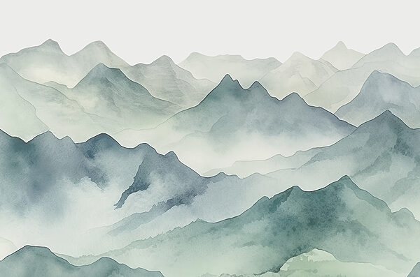A watercolor of mountains and fog