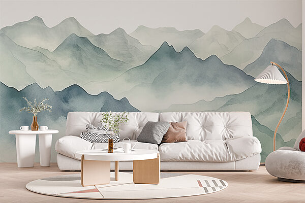 A watercolor of mountains and fog