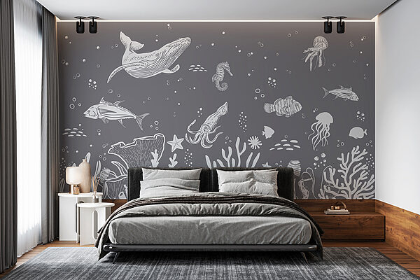 A white sea creatures on a gray background