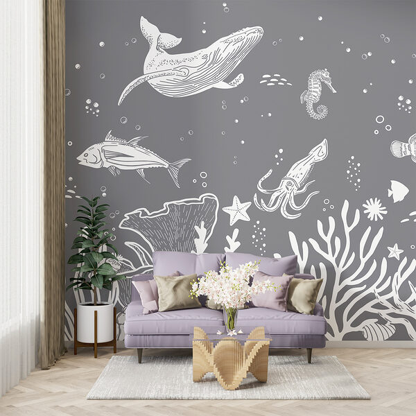 A white sea creatures on a gray background