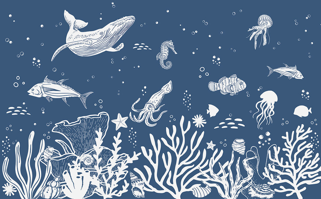 A white outline of sea animals A white outline of sea animals