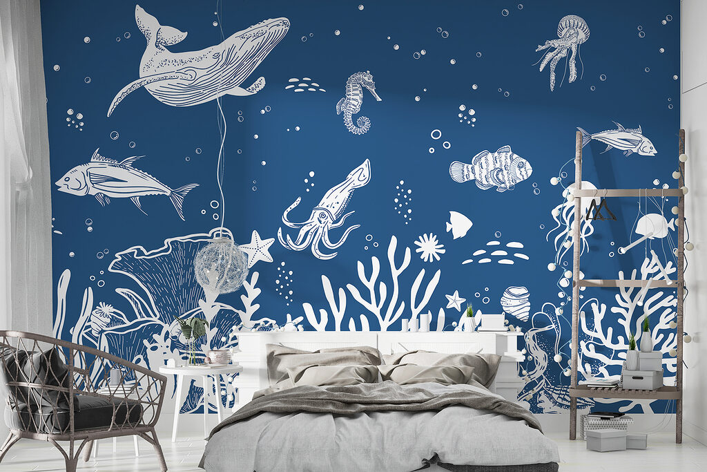 A white outline of sea animals A white outline of sea animals
