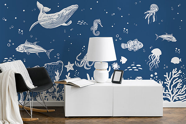 A white outline of sea animals A white outline of sea animals