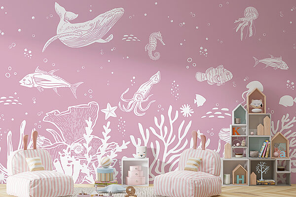 A white outline of sea animals