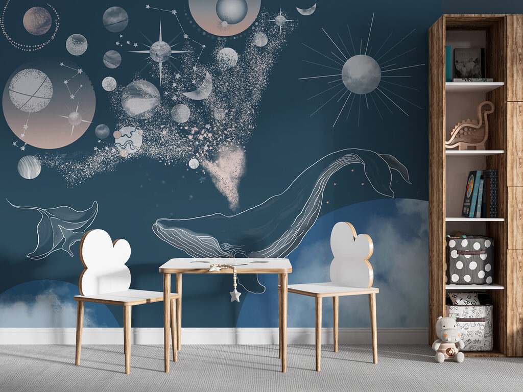 A whale and planets in the sky