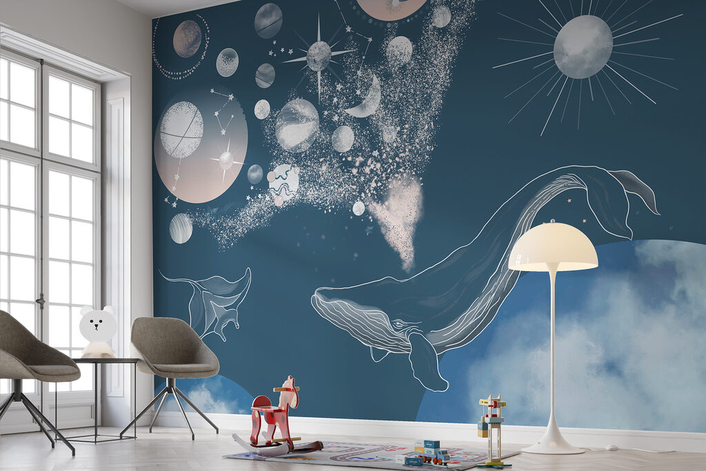 A whale and planets in the sky