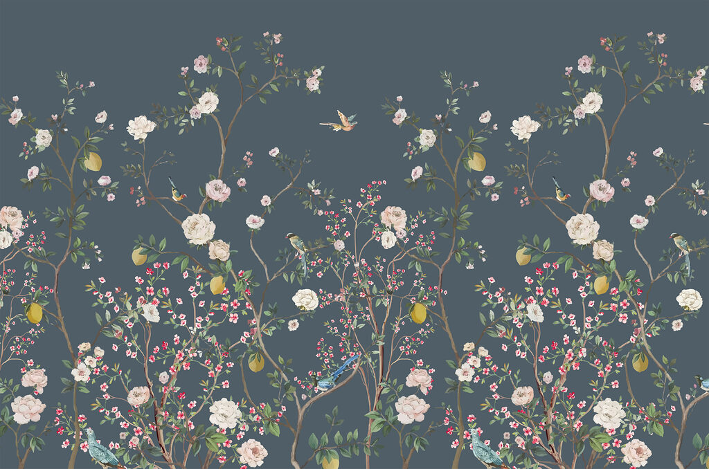 A wallpaper with flowers and birds