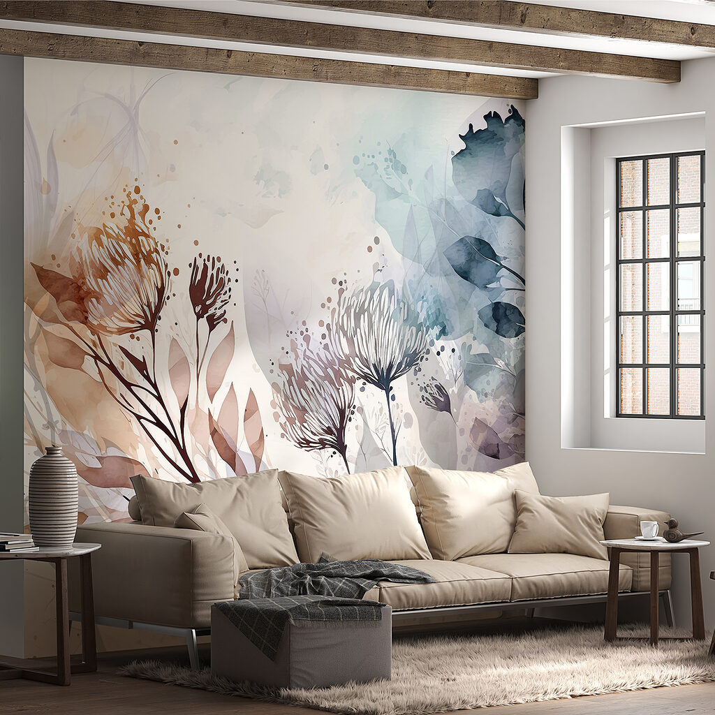 A watercolor painting of flowers and leaves