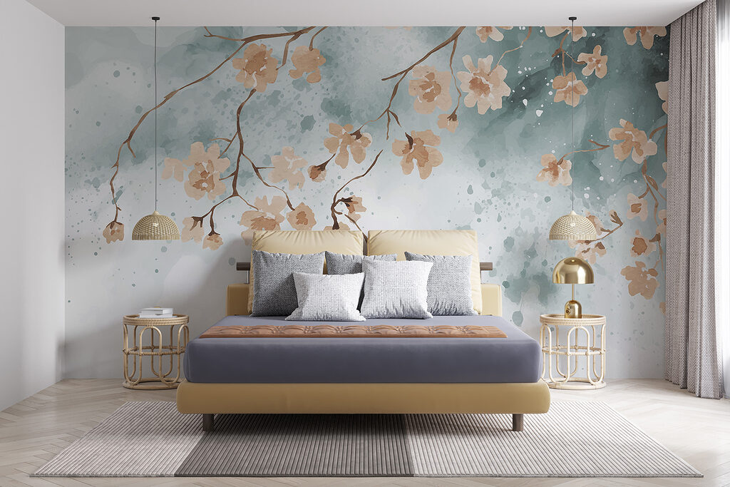 A painting of flowers on a branch