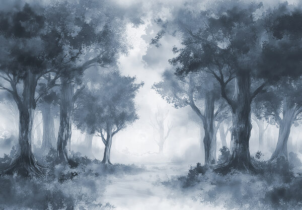 A foggy forest with trees and bushes