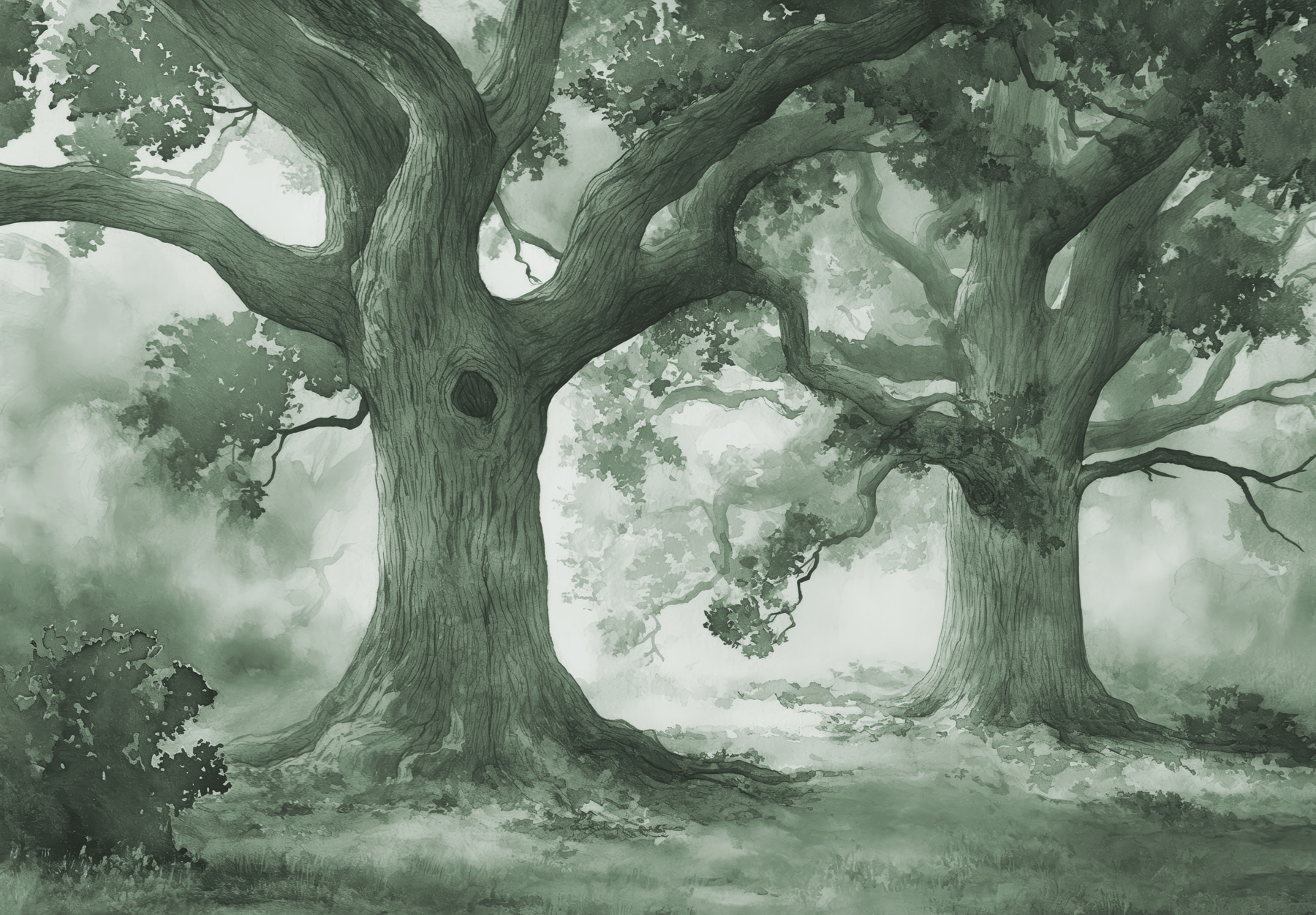 A group of trees in a foggy forest