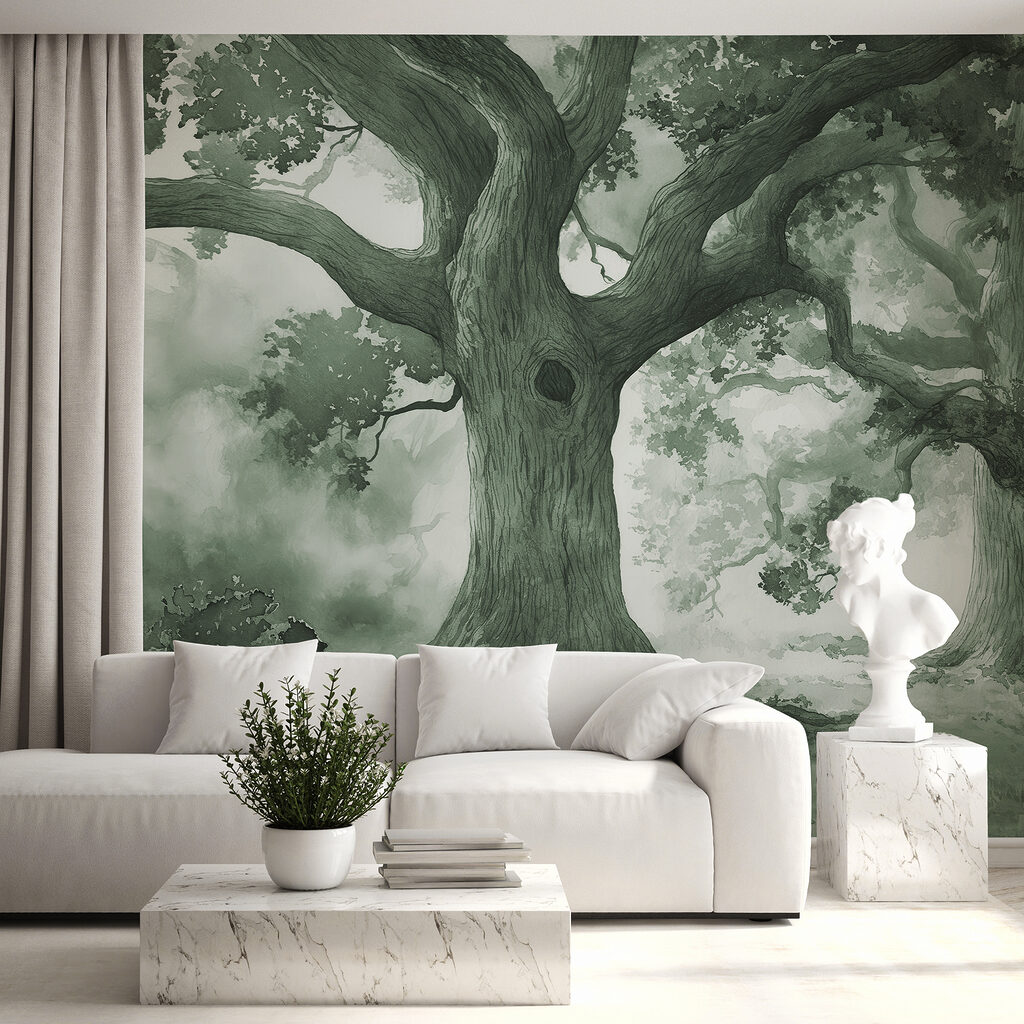 A group of trees in a foggy forest