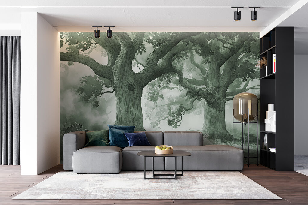 A group of trees in a foggy forest