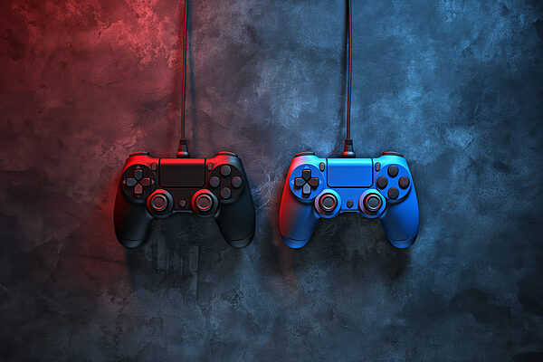 A blue and red video game controllers