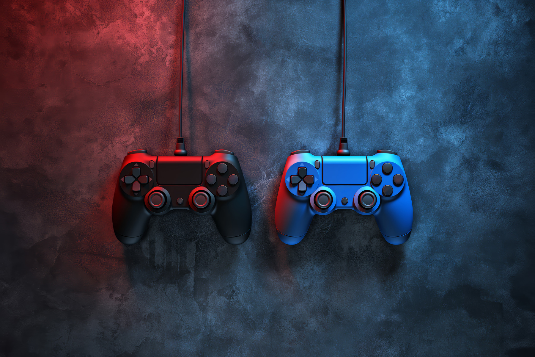 A blue and red video game controllers