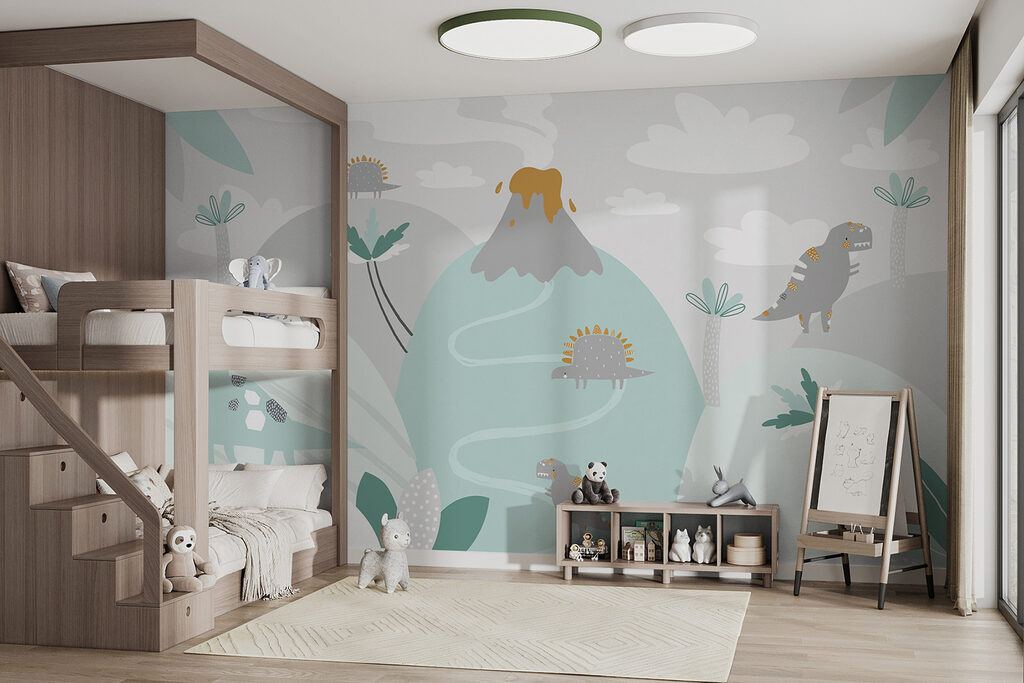 A cartoon dinosaur with a volcano and plants