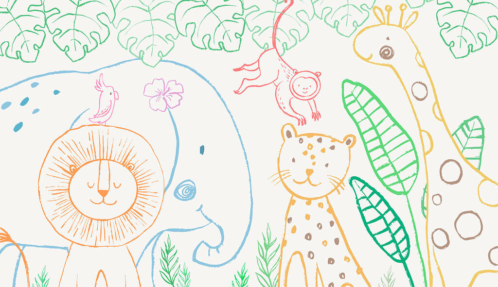 A drawing of animals and plants