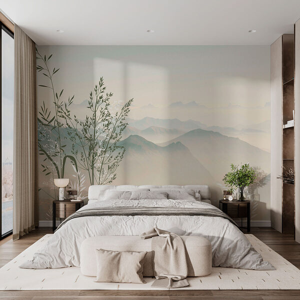 Ταπετσαρίες Ένα τοπίο με βουνά και δέντρα