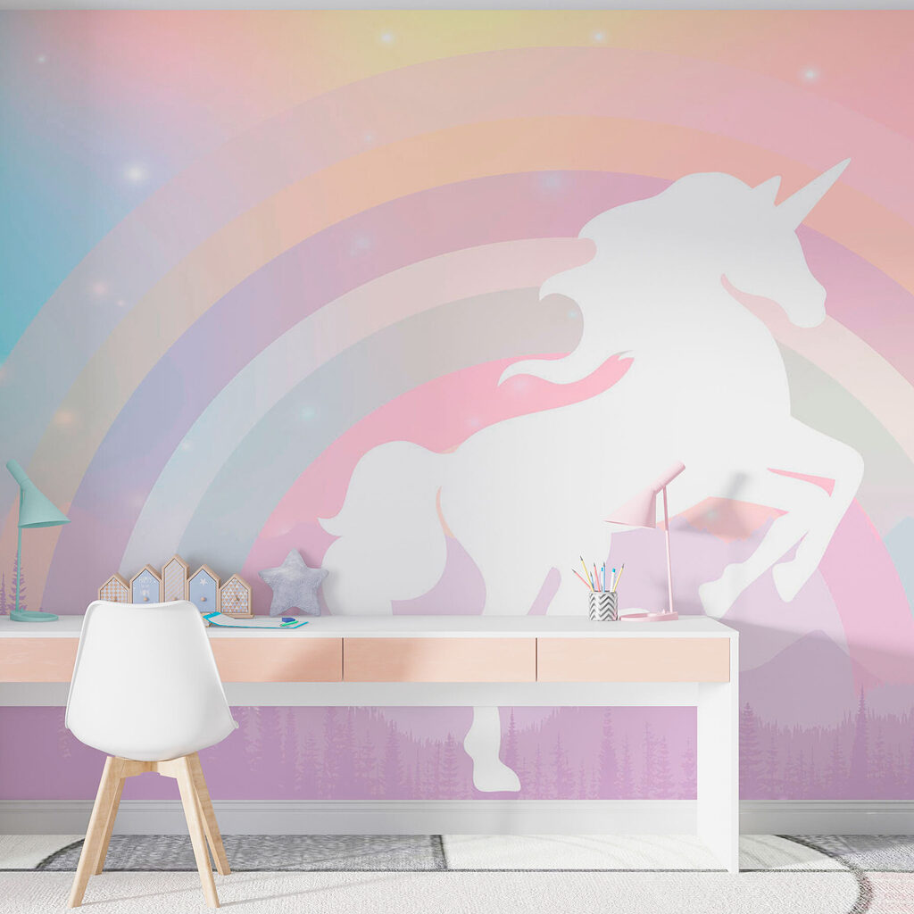 A unicorn with a rainbow and mountains