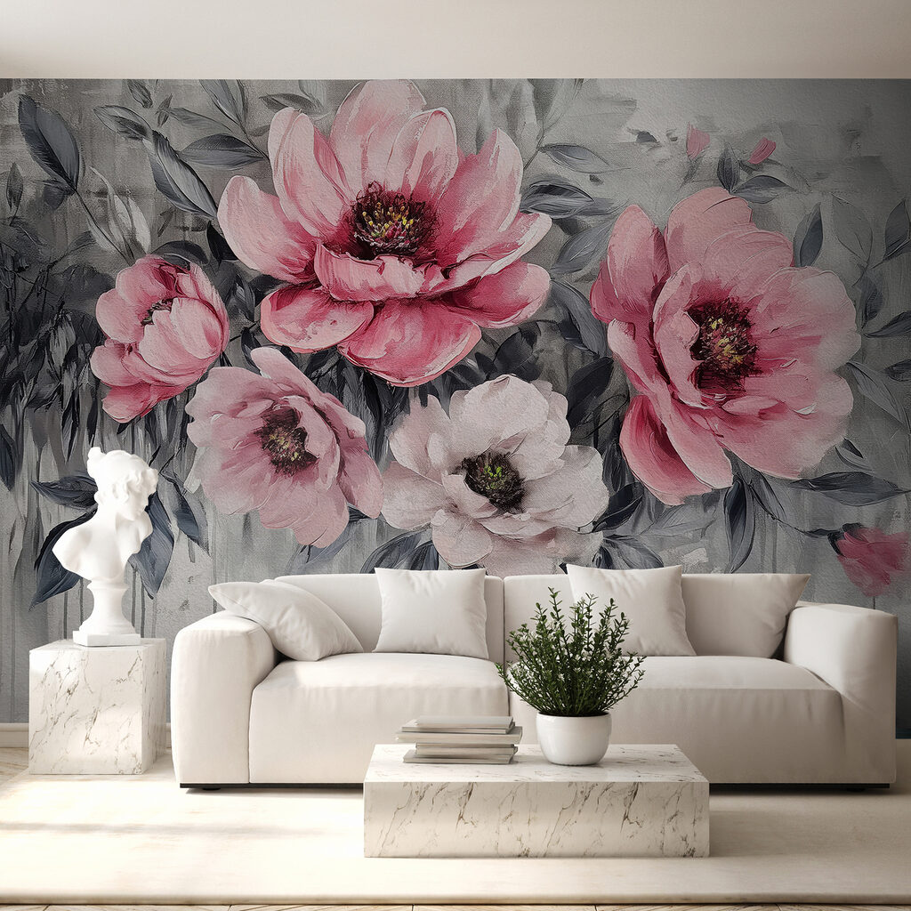 A painting of pink flowers