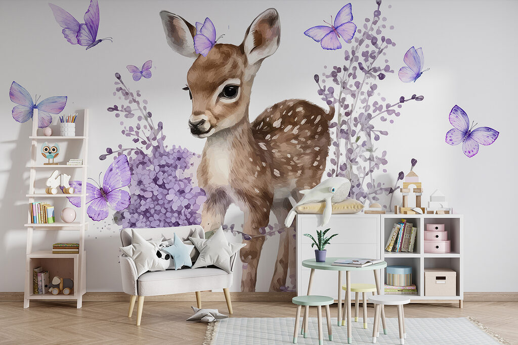Baby deer surrounded by purple flowers