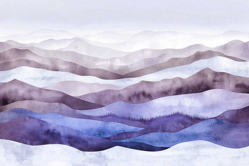 Painting of mountains with fog