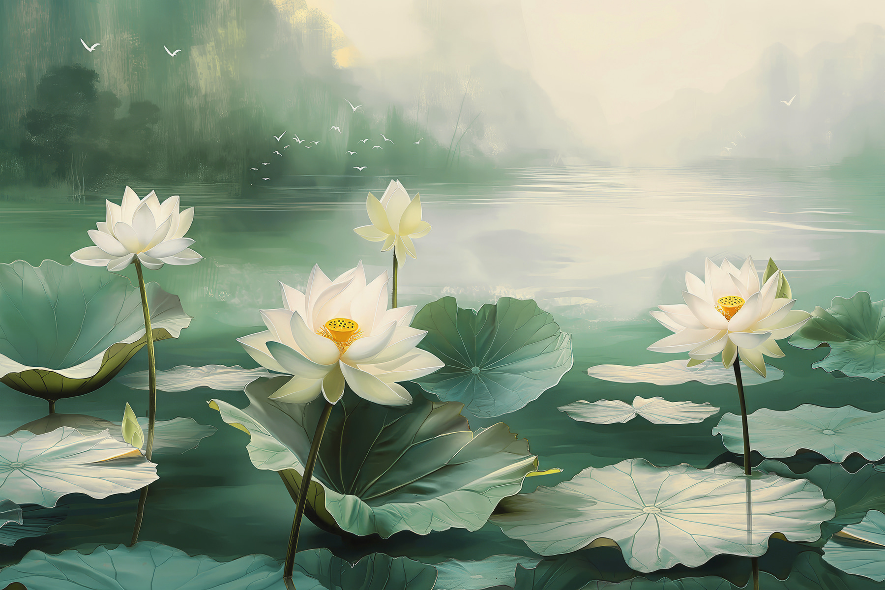 Painting of white flowers and leaves in a lake