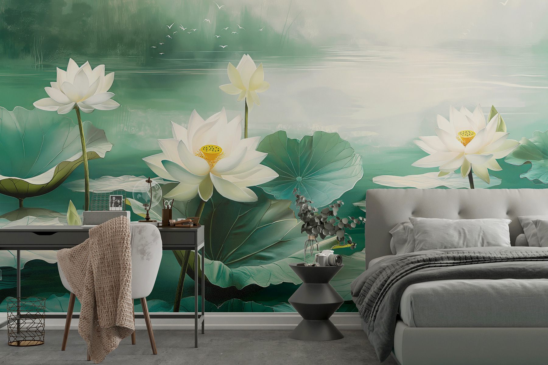 Painting of white flowers and leaves in a lake