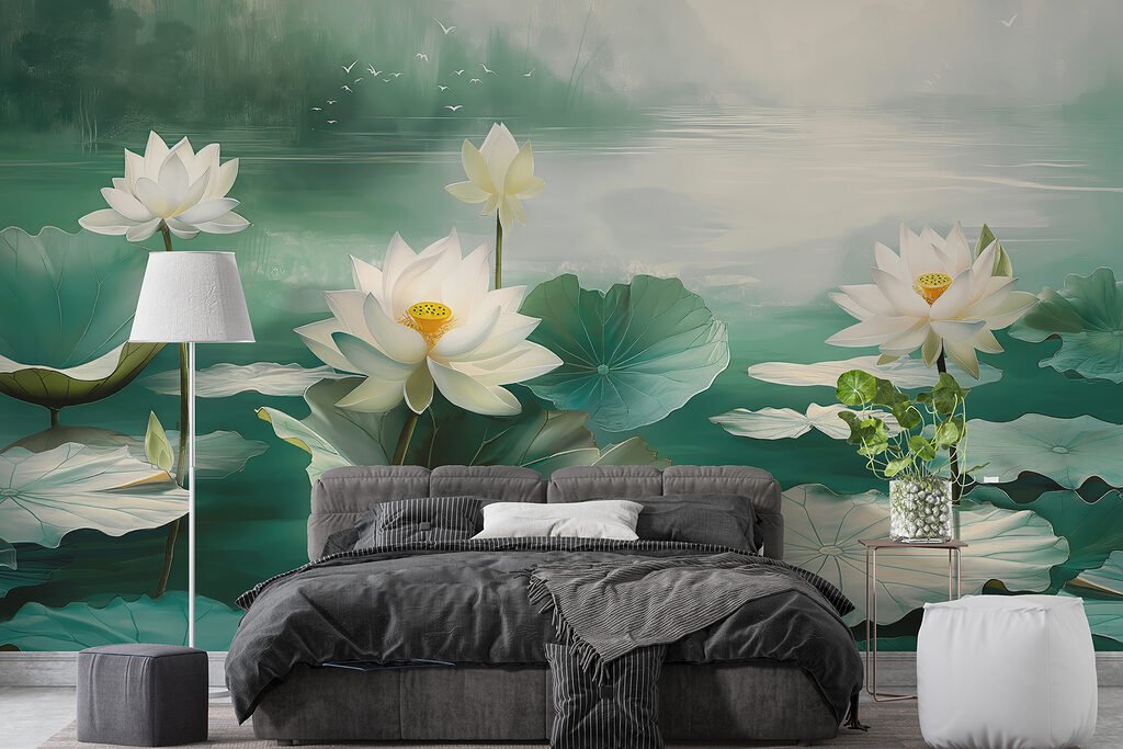 Painting of white flowers and leaves in a lake