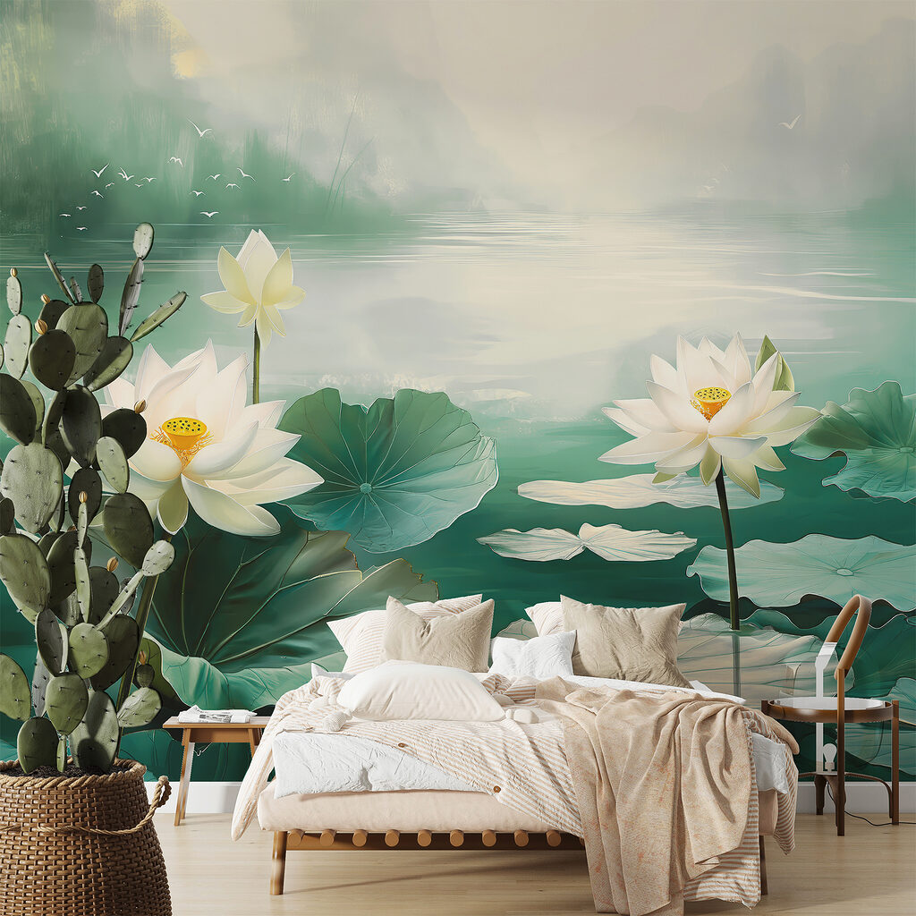 Painting of white flowers and leaves in a lake