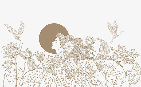 Woman with long hair and flowers