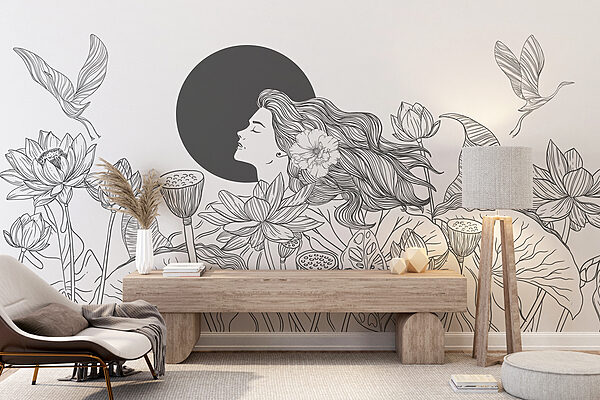 Woman with long hair and flowers