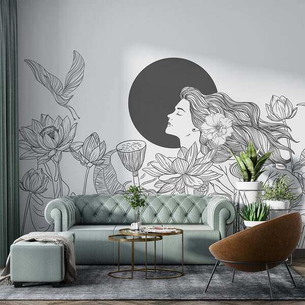 Woman with long hair and flowers