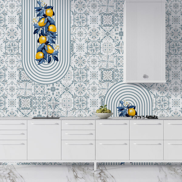 Pattern of fruit on a white and blue background