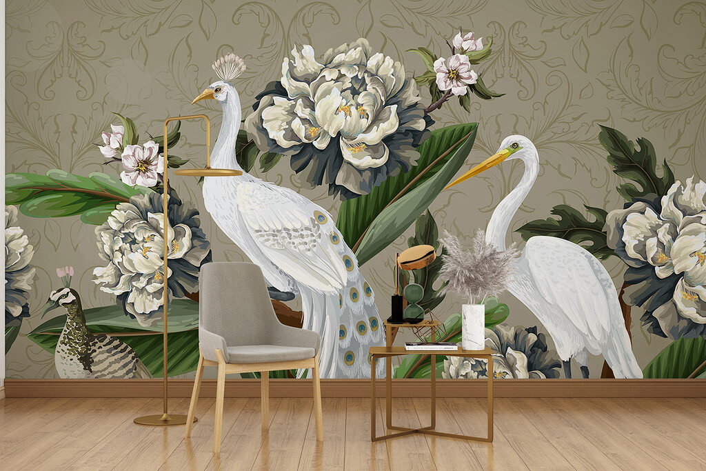 Wallpaper with birds and flowers