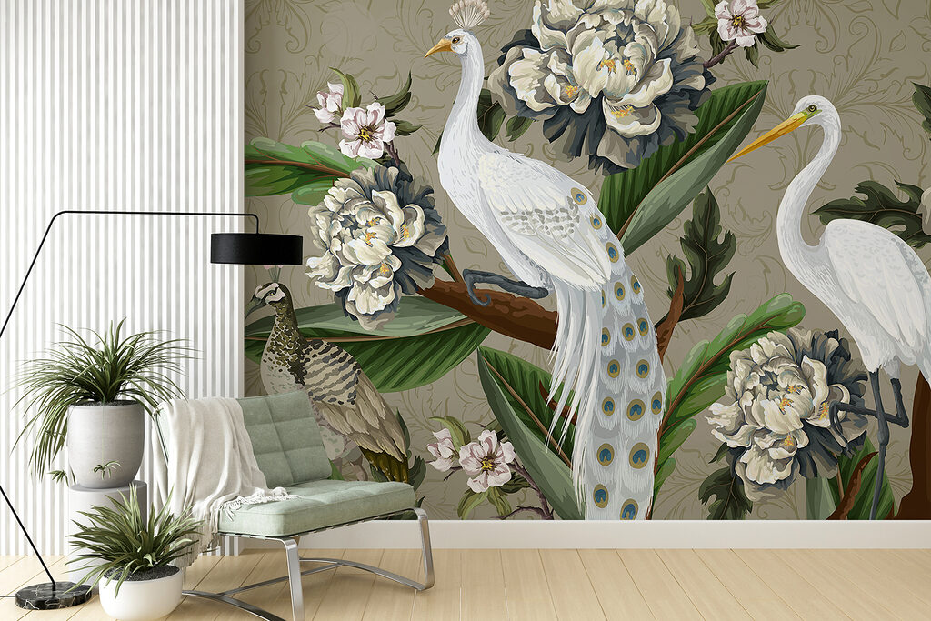 Wallpaper with birds and flowers