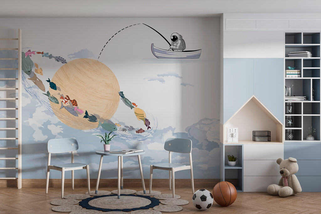 Cartoon of a planet with fish in it