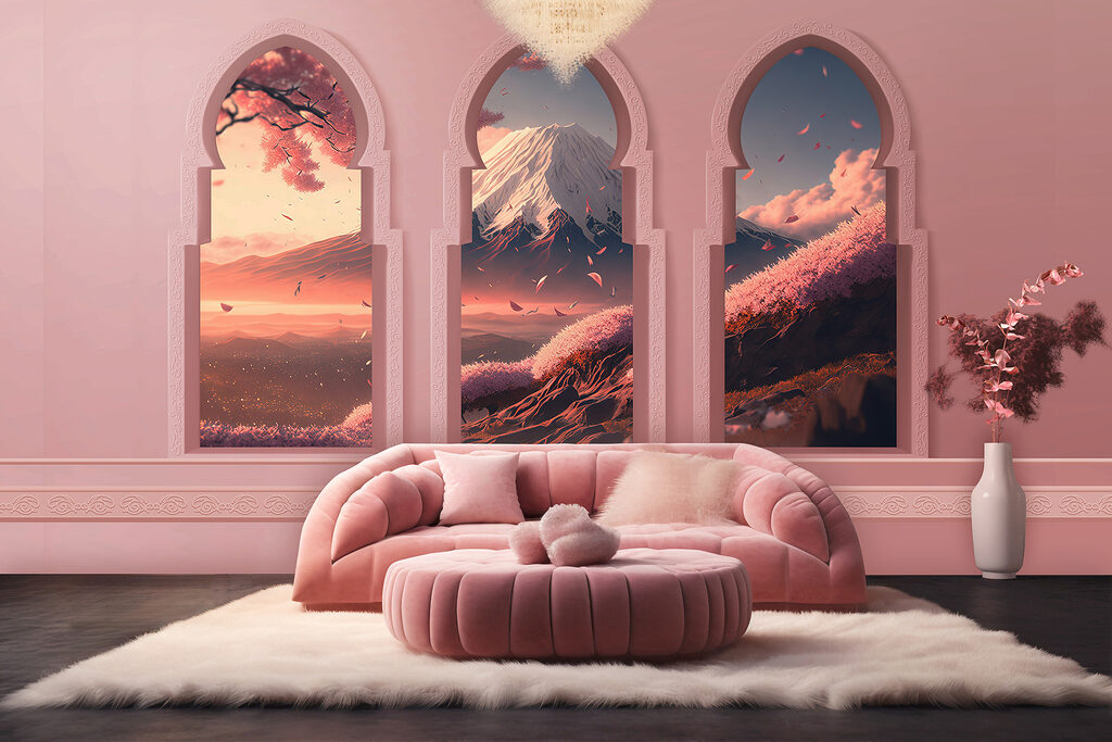 Three arched windows with a mountain view Three arched windows with a mountain view